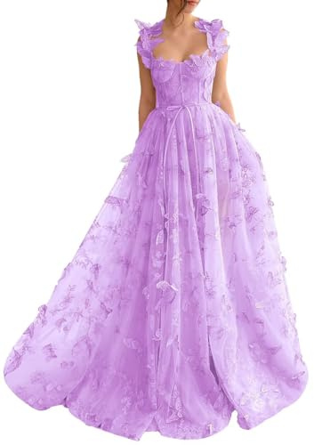 YUAOHUANG Robe de bal longue en tulle avec motif papillon, robe de bal pour femme, robe de bal de fée, robe de bal, lilas, 32