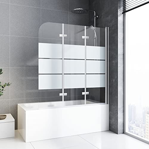Duschwand für Badewanne Faltbar 140 x 140 cm 3 teilig Faltbar mit 6mm Sicherheitsglas NANO Beschichtung Faltwand,Silber Aluminiumrahmen,Weiß Gestreifte Glasoberfläche, Leicht zu Reinigen