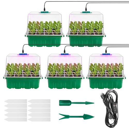 Tuidshui Plateau de démarrage de graines avec lampes de croissance 5 pièces - Dôme d'humidité réglable - Minuteur de luminosité réglable - 8 plateaux de semis LED avec couvercle haut - Mini serre pour
