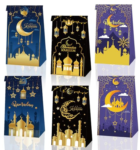 YHBXAMZ 12 Stück Ramadan Kalender zum Befüllen, Eid Mubarak Geschenktüten Papiertüten mit Aufkleber, Ramadan Kalender mit Süßigkeite, Muslimischen Deko Islam Zuckerfest Deko