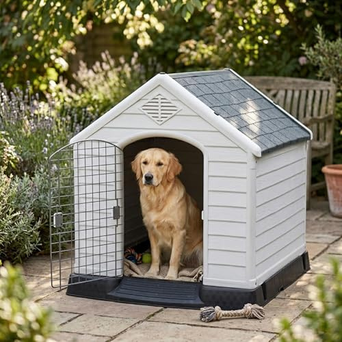 Large Plastic Dog House Weatherproof Pet Kennel Shelter for Outdoor Indoor Use | Grey & White Durable Puppy Cat Cabin | Raised Floor Vented Roof Easy Clean Home