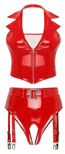 Yihuimin Damen Wetlook Bikini Set Zweiteiler Bademode Lackelder Dessous Set BH Bra Brustfrei Oberteile Hollow Out Bikinihosen Mit Strumpfhalter Xd Rot L