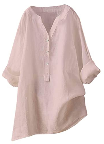 Chemisier Femme Chic et Élégant Coton Et Lin Chemise Col en V Bouton | Eté Manches Longues Printemps Tshirt Couleur Unie Respirant Coton Lin Tunique Grande Taille Pas Cher