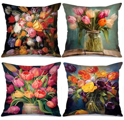 Tucocoo Decorative Cushion Covers with Tulip Vase 45 x 45 cm, Set of 4, Retro Bloom, Colorful Vintage Flowers, Modern Decoration for Couch, Bed, Car, Patio, Furniture, Bench, Sofa, Cushion Cover