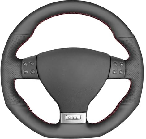MEWANT Handgenähter, Rutschfester schwarzer Echtleder-Lenkradbezug für Golf GTI 5 (V) 2004–2008, Golf R32 2005–2009