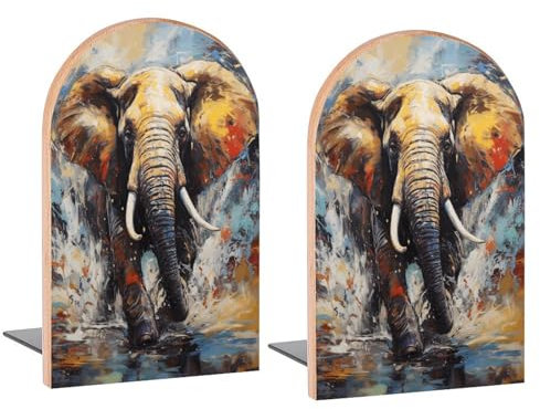 Buchstützen im Vintage-Stil, Elefant, dekorative Holz-Buchstützen für Regale, Schreibtisch, Zuhause, Büro, Buchstopper für Zeitschriften, Bücher, DVDs, 2 Stück