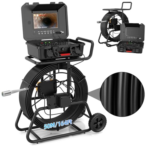 Inspektionskamera Kanalkamera 50M, Sanyipace 9 Rohrkamera mit 512Hz Sender und Selbstnivellierung, HD Endoskopkamera mit Licht, Mikrofon & Lautsprecher, DVR-Rekorder, Professionelle Abflusskamera