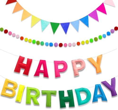 Modixun 3 Stück Regenbogen-Happy Birthday-Banner, 3D-Filz-Geburtstagsgirlande mit Kugeln und Dreieck-Wimpelkette, wiederverwendbar, buntes Schild für Party-Dekorationen