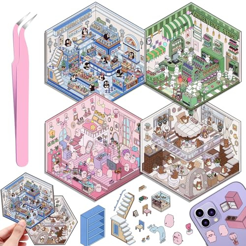 4 Sets DIY 3D House Stickers, DIY Haus Aufkleber Stickers Machen Sie Ihren Eigenen, Supermarkt, Kaffeehaus, Buchhandlung, Restaurant, Cute 3D Scene Sticker Set mit 1 Pinzetten