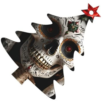 Rose Wreath Skull Christmas Wooden Ornaments 6-PCS Double-Sided Printed Twine for Trees Walls Doors Pine Tree Shape Christmas Ornament