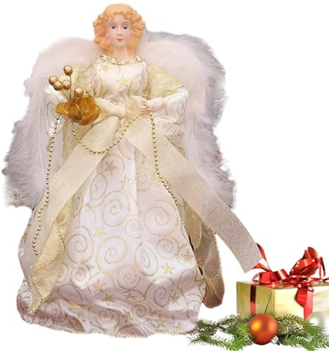 Adorno de árbol de ángel, ángel de Navidad de pie con alas de plumas blancas, figura de ángel de Navidad, ángel de 7.08 pulgadas en la parte superior del árbol para cumpleaños, Navidad, árboles de