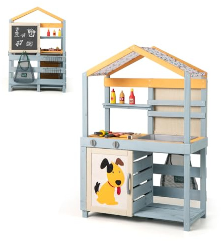 COSTWAY Mud Kitchen, Outdoor Play Kitchen & Grocery Store with Blackboard, Removable Sink, Storage Bag & Baskets, Double Sided Kids Kitchen Playset for Boys Girls Ages 3+
