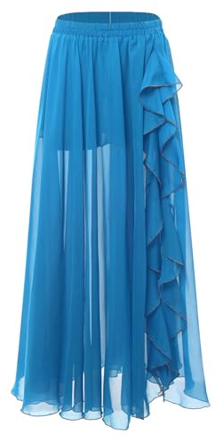 Aislor Femme Fente Jupe Danse du Ventre Longue Jupe Danse Moderne Orientale Mousseline Jupes Professionnelle Danses Classique Spectacles sur scène Bleu Ciel Taille Unique