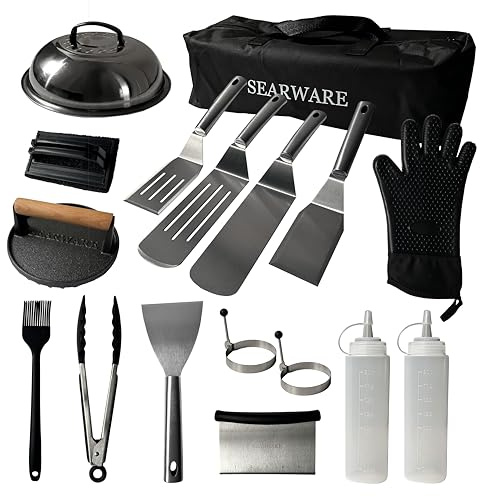 Searware Griddle Accessories Set - Durable Stainless Steel Tools for Flat Tops - Includes Heat-Resistant Grill Glove & Cast Iron Grill Press