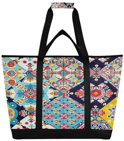 JUMBEAR Schöne große Kühltasche aus Keramikfliesen im mexikanischen Stil, isolierte Lebensmittel-Liefertasche, faltbare Lunchtasche, auslaufsichere Kühltasche, Tragetasche für Strand, Camping,