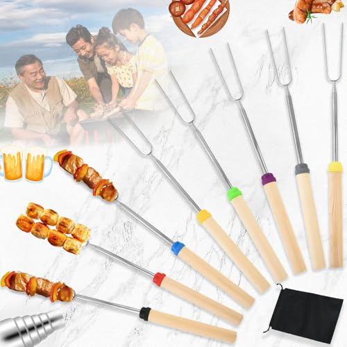 Liekadijiae 8 Stück Edelstahl Retractable Grillgabel Mit Holzgriff,Stockbrot Spieße,Grillspieße Lagerfeuer,Lagerfeuer Spieße Lang,Marshmallow Spieße,Für Camping, Gartenparty, Grillparty