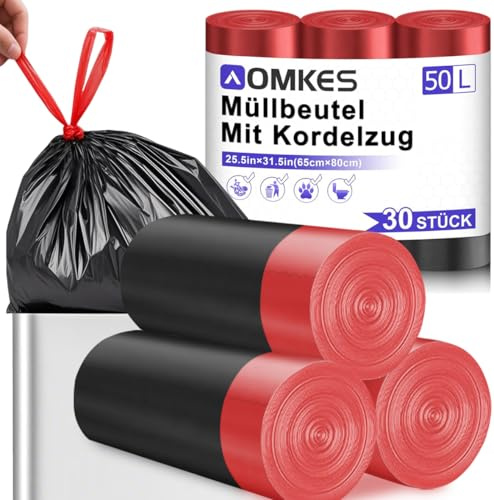 AOMKES Mülltüten 50L Mit Zugband, Schwarz, 30 Stück | Großer Abfallsack, Stabiler Tragegriff und Saubere Entnahme
