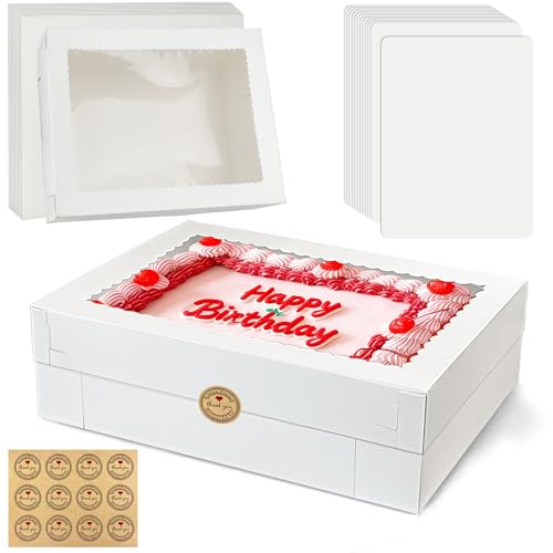 MUMULULU 12PCS 14x10x4 Inch White Rectangular Sheet Cake Box with Cake Boards for Donuts Cookies Cupcakes Pastries Bakery Packaging Birthday Wedding Party Dessert Box