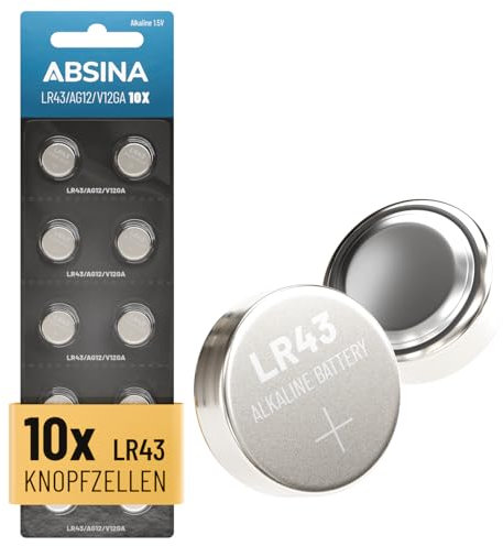 ABSINA 10x AG12 LR43 Batterien Knopfzellen - 1,5V Alkaline Knopfzellen LR43 auslaufsicher & mit Langer Haltbarkeit - LR 43/186 / LR1142 / L1142 / V12GA / GPA76 / RW84
