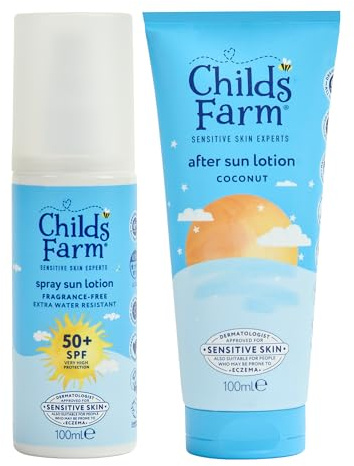 Childs Farm Kids & Baby Sun Lotion Spray SPF 50+ & After Sun Lotion Bundle | UVA & UVB Very High Protection | Extra Water Resistant | Suitable for Dry, Sensitive Skin, 100ml