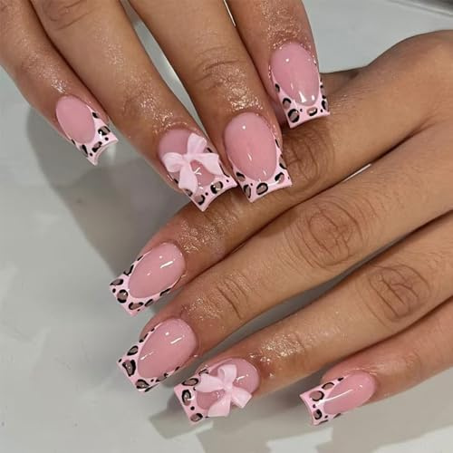 24Pcs French Tip False Nailst - Short Press on Nails - Pink Leopard Print Fake Nails with Glue - Stick on with Pink Bow - Full Cover Acrylic Square False Nail Tips for Women Girls Nail Art
