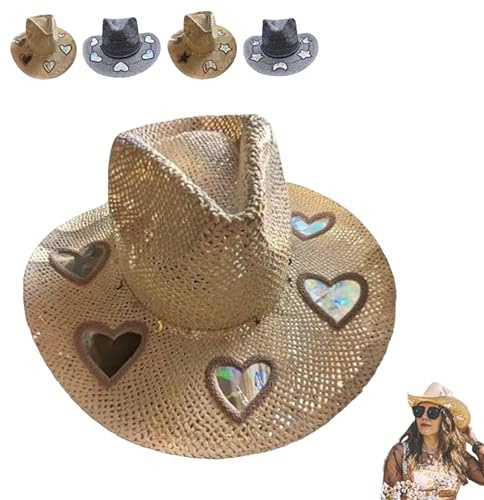 Suncatcher Cowgirl Straw Prism Hat,Stylish Western Cowboy Hat with Iridescent Moon and Star Accents, Handwoven UV-Resistant,Sun Beach Cowgirl Cap for Women (Beige-B)