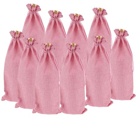 CAPASTEC vinpåse i linne, 10 stycken vinflaskor, presentpåsar med dragband, flaskpåsar, återanvändbara presentpåsar för bröllop, fester, jul, rosa