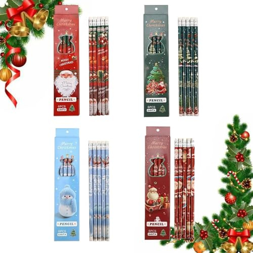 Matita Natalizia, Matite di Natale con Gomme da Cancellare Toppers, Matite Natalizie di Legno, Matita del Fumetto, Regalo Gadget Bambini Regali, 24pcs 4 Colori
