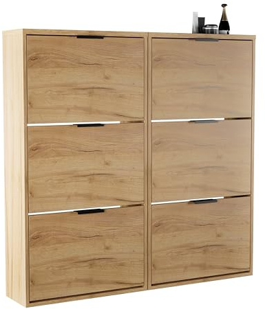 Planetmöbel 2 x Schuhschrank schmal mit 3 Klappen | platzsparender Schuhregal, mit 6 Ablagen, Schuhkommode für Diele, Flur, Garderobe 60 x 23 x 118 cm, gold eiche