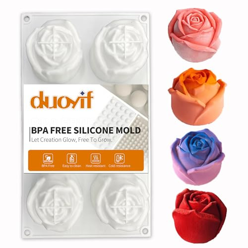 duoyif Silikonform Blumen Rose Ø 65mm 6 Löcher Blumenform Gießform Backform | Schokoladenform Blumen, Seifenform, 3D Rosen Silikon Backform für Schokolade Kuchen, Eisblumen Whiskey, Rosenform BPA-Frei