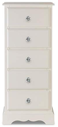 Romantisk antik vit Tallboy-kista – 5 lådor smal förvaring med eleganta kristallhandtag helt monterade möbler i vintagestil för sovrum och vardagsrumsdekor.