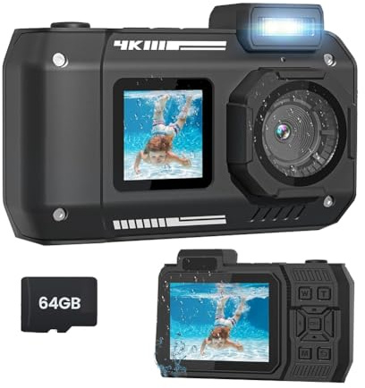 Asyduey Fotocamera Impermeabile 4K 65MP Fotocamera Subacquea con Scheda 64G, per Snorkeling Autofocus Selfie Doppio Schermo Nero