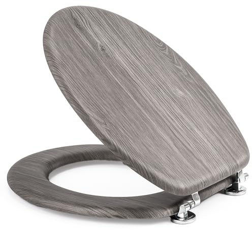 GreenWhim Wood Effect Toilet Seat Soft Close Wooden Seat with Quick Release for Modern Bathrooms, Easy to Clean and Install with Universal Fittings (Grey)