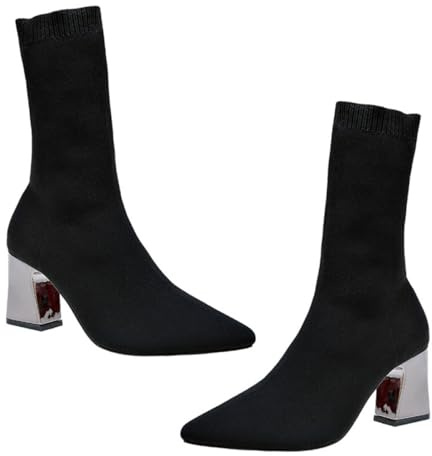 Outanaya Botines de Calcetín para Mujer Otoño E Invierno Tacón Grueso Negro 40 Punta Puntiaguda Tela Elástica de Algodón y Caucho Zapatos de Tacón Alto Cómodos y Modernos para Uso