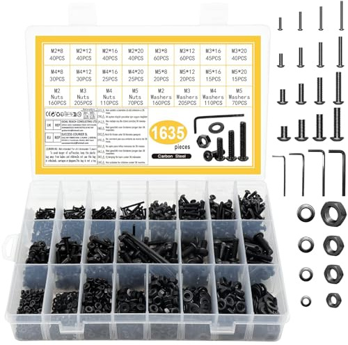 1635 PcsVis M2 M3 M4 M5, Vis à Tête Cylindrique Creuse Hexagonale, Boulon et écrous, Boulon Vis à six pans creux à tête bombée Hexagonale avec Rondelles, pour Métaux Vélos, Noirs