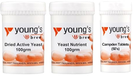 Young's 100g Dried Active Yeast, 100g Yeast Nutrient, 50 Campden Tablets Home Brewing Ingredients Bundle for Making Wine, Cider and Mead