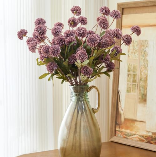 Sahoottie Purple Artificial Chrysanthemum Flower Faux Pompon Mums Flowers Purple Silk Fake Mini Chrysanthemums Ball Flower for Home Decor,Garden,Floral Arrangement,Wedding Party 6 Pcs