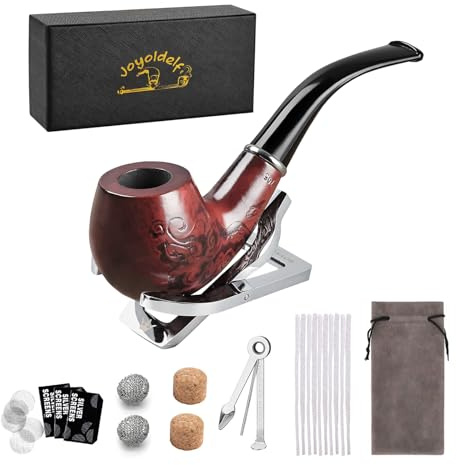 Joyoldelf cigarett i trä tobak rökrör med 3-i-1 rörskrapa + 2 korkknackare + 10 piprensare + 2 metallskärm perkolator läckernät + 3 paket med 5 rörskärmar + rörhållare