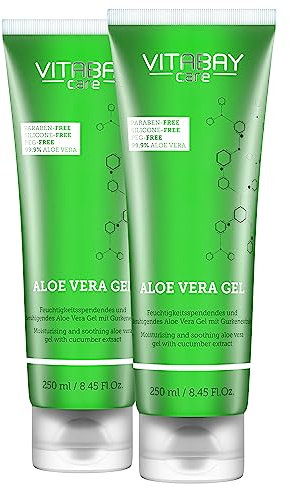 Vitabay Aloe Vera Gel 100 Prozent (99.9%) 2x 250ml - Aloe Vera After Sun Lotion Gesicht Sonnenbrand - Aloe Vera Gesichtscreme Herren Naturkosmetik - Aloe Vera Saft Salbe Feuchtigkeitscreme Gesicht