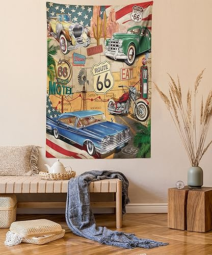 Lunarable Route 66 Tapestry Twin Size, Old Fashioned Cars Motorcycle on a Map Road Trip Journey American USA Concept, Wall Hanging Bedspread Bed Cover Wall Decor, Twin Size, Beige Red