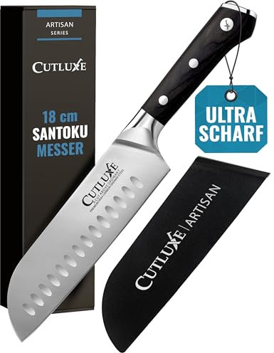 Cutluxe Coltello Santoku - 18cm Coltello Giapponese Professionale Con Guaina - Acciaio al Carbonio, Lama Affilata e Resistente - Artisan Series