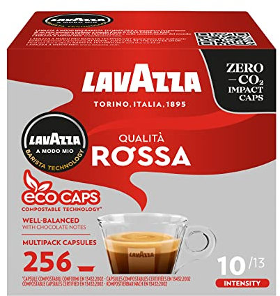 Lavazza, A Modo Mio Qualità Rossa, Coffee Capsules, Arabica and Robusta, Full and Sustained Taste, Intensity 10/13, Medium Roasting, Compostable, 16 Packs of 16 Coffee Pods (256 Capsules)