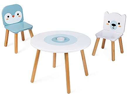 Janod - Tavolo e 2 Sedie Banchisa in Legno - Tavolino Rotondo per Bambini con Portapenne Rimuovibile - 1 Sedia Orso Bianco e 1 Sedia Pinguino - Ideale per Bambini da 3 a 6 Anni, J09650