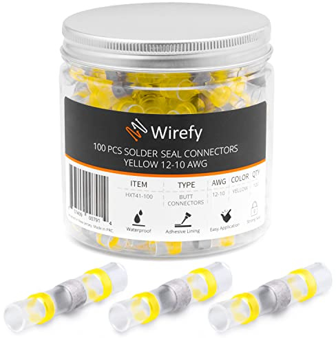 Wirefy 100 PCS Solder Seal Wire Connectors - Heat Shrink Solder Butt Connectors - Waterproof Solder Sleeves - Self Soldering Wire Connectors - Yellow 12-10 AWG