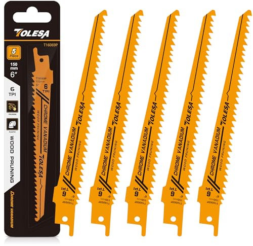 TOLESA Wood Pruning Reciprocating Saw Accessories - 150mm 6 TPI Sawzall Accessories Green - CRV Sharp Ground Teeth for Quick Cutting - 5 Pack