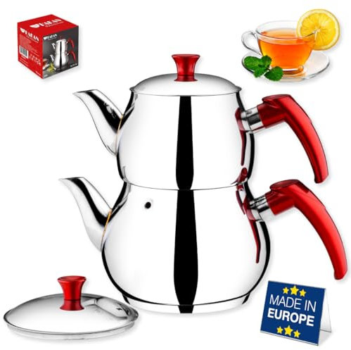 Hakan Juego de tetera doble Bondy de acero inoxidable de 2 L, 67 onzas, con tapa doble coladora, juego de tetera estilo turco Samovar, tetera para té de hojas sueltas con mango de baquelita roja, 2.1