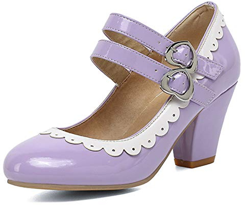 Cocey Women Court Shoes with Chunky Heel and Ankle Buckle Lilac