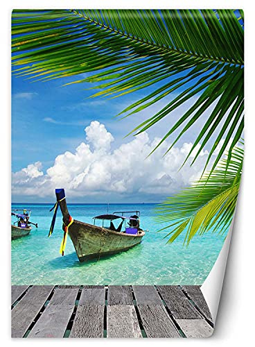 Feeby Papier Peint Intisse Océan Tropical Exotique 100x140 cm bleu XXL Photo Mural Muraux Tapisserie Restaurant Bateau Jetée Palmiers