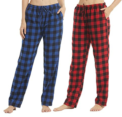 YUSHOW Lot de 1/2 Bas de Pyjama Femme Coton Flanelle à Carreaux avec Poches