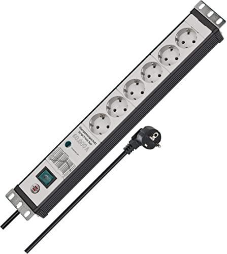 Brennenstuhl Premium-Line Steckdosenleiste 6-Fach mit Überspannungsschutz | 60.000A, Mehrfachsteckdose im 19 Format, 3m Kabel, mit Schalter, Made in Germany, schwarz/grau